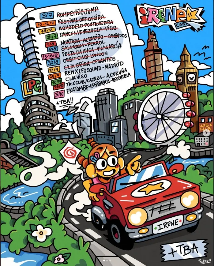 Cartel dibujado de Irene: calendario de fechas, skyline y el coche rojo.