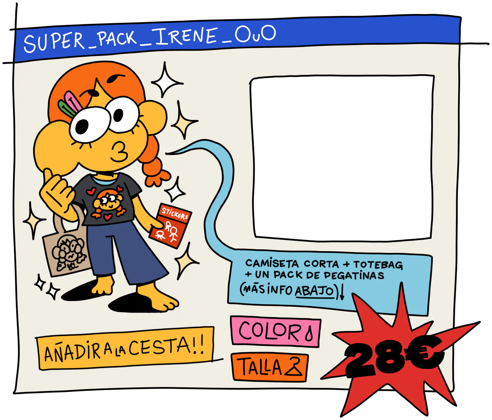Super pack: camiseta corta, totebag y pegatinas, 28 euros