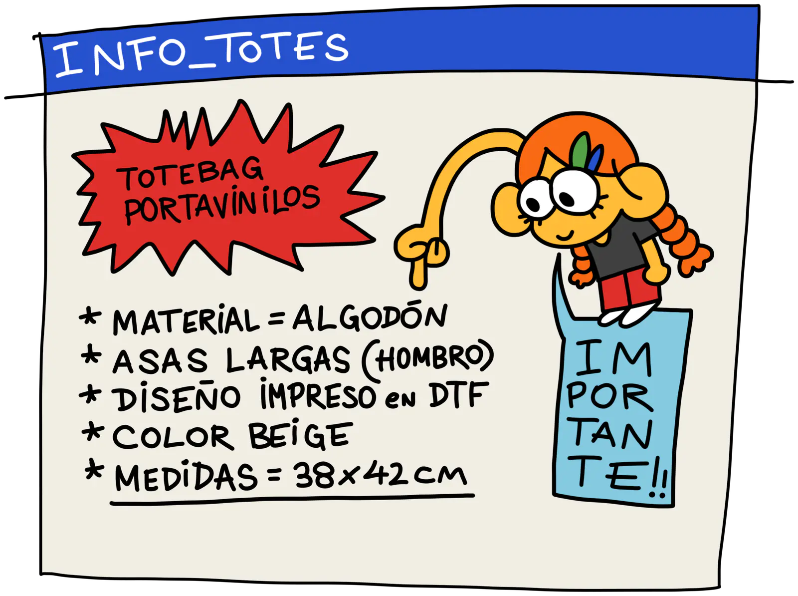 Información de la totebag: algodón, asas de hombro, impresión DTF, color beige, 38 por 42 centímetros